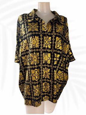 LexBreezy Hawaii Black & Gold Hawaiian Aloha Botton up top size M